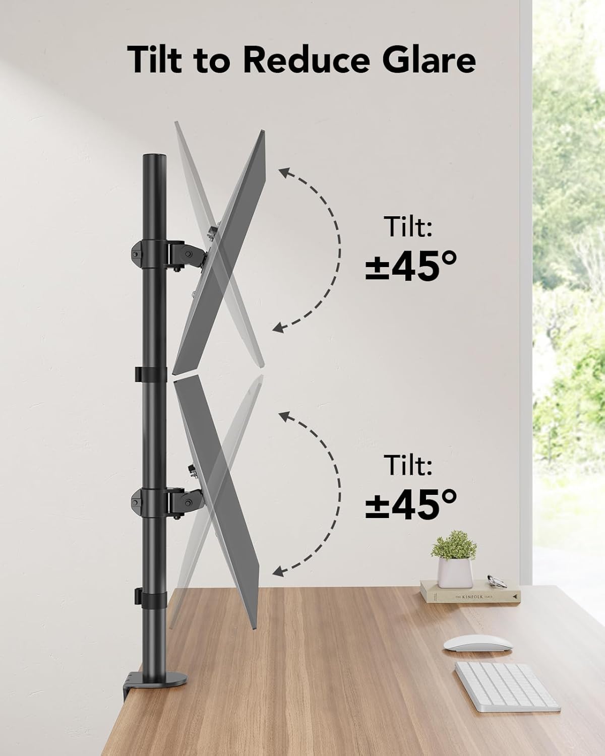 huanuo vertical dual monitor mount, stacked monitor stand, close-up detail