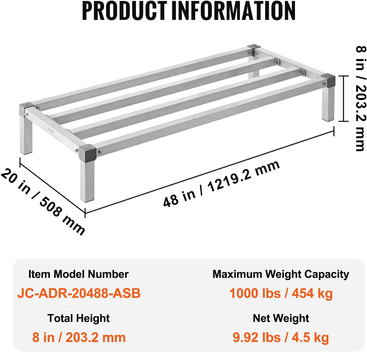 vevor aluminum dunnage rack, 48” x 20” commercial on a desk or shelf