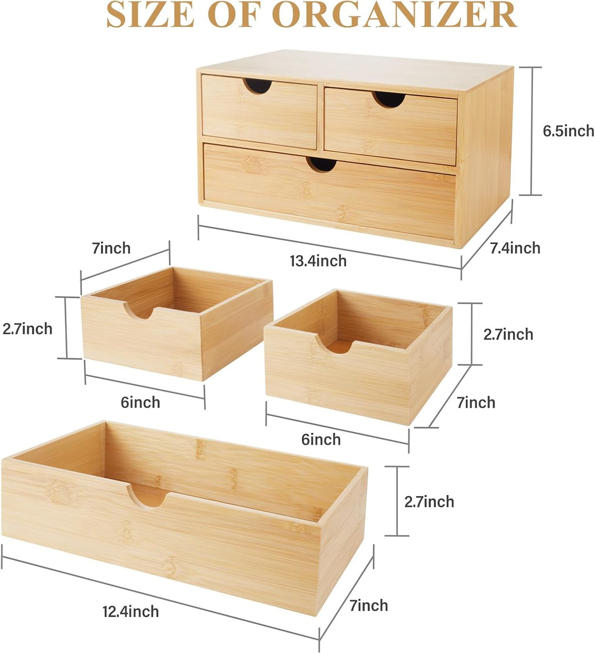 Charmewooden Bamboo Desk Organizer with 3 Drawers, Countertop Organizer with ...