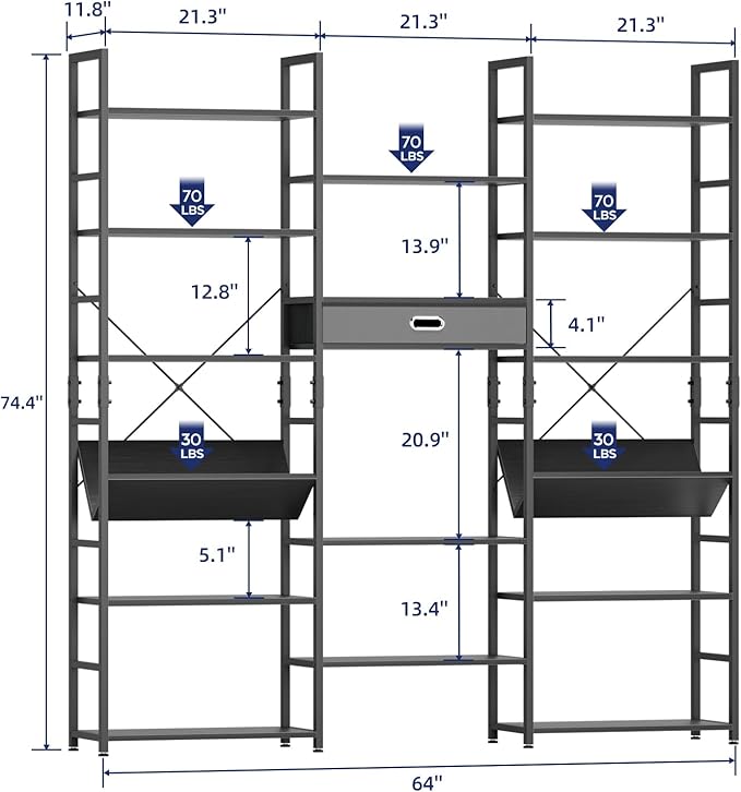 NUMENN Triple Wide 6 Tier Bookshelf, Adjustable Rustic Industrial Style Book - Image 3