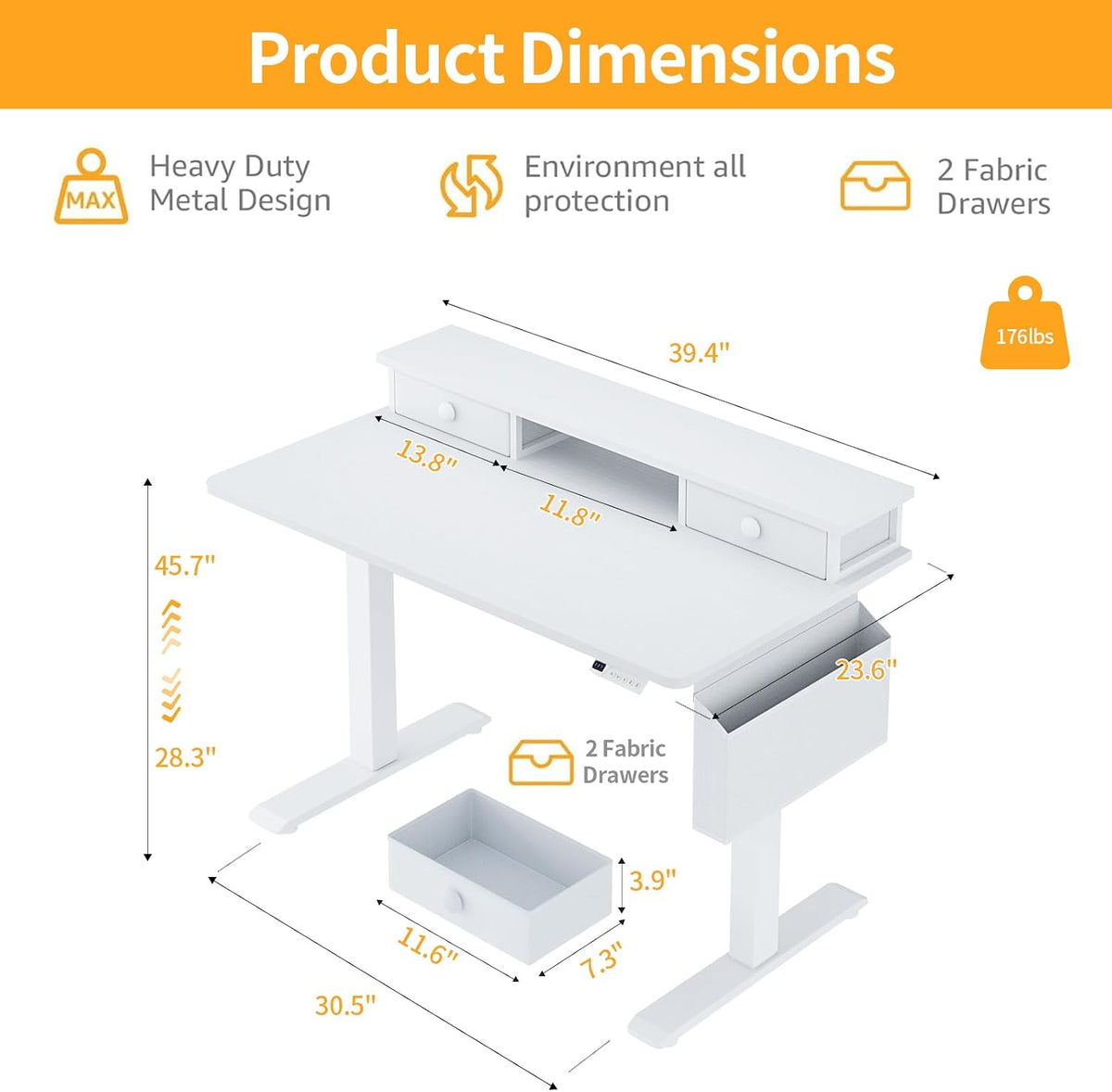 KLUVIS White Electric Standing Desk with Drawers, 40 Inch