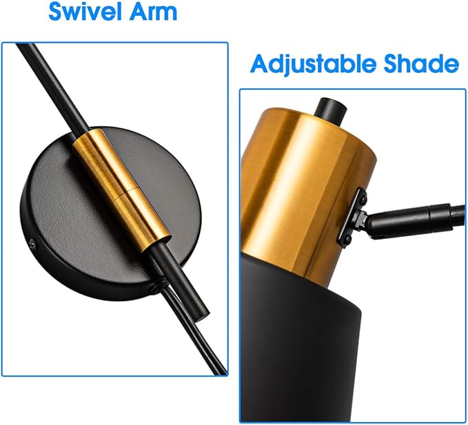 Ahaloye Modern Swing Arm Wall Sconce Plug in Set of 2, Rotatable Black Wall - Image 3
