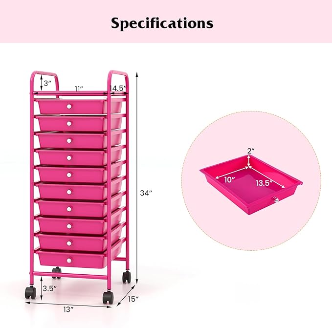 Giantex 10-Drawer Storage Cart w/Universal Wheel, Rolling Cart w/Handle - Image 3