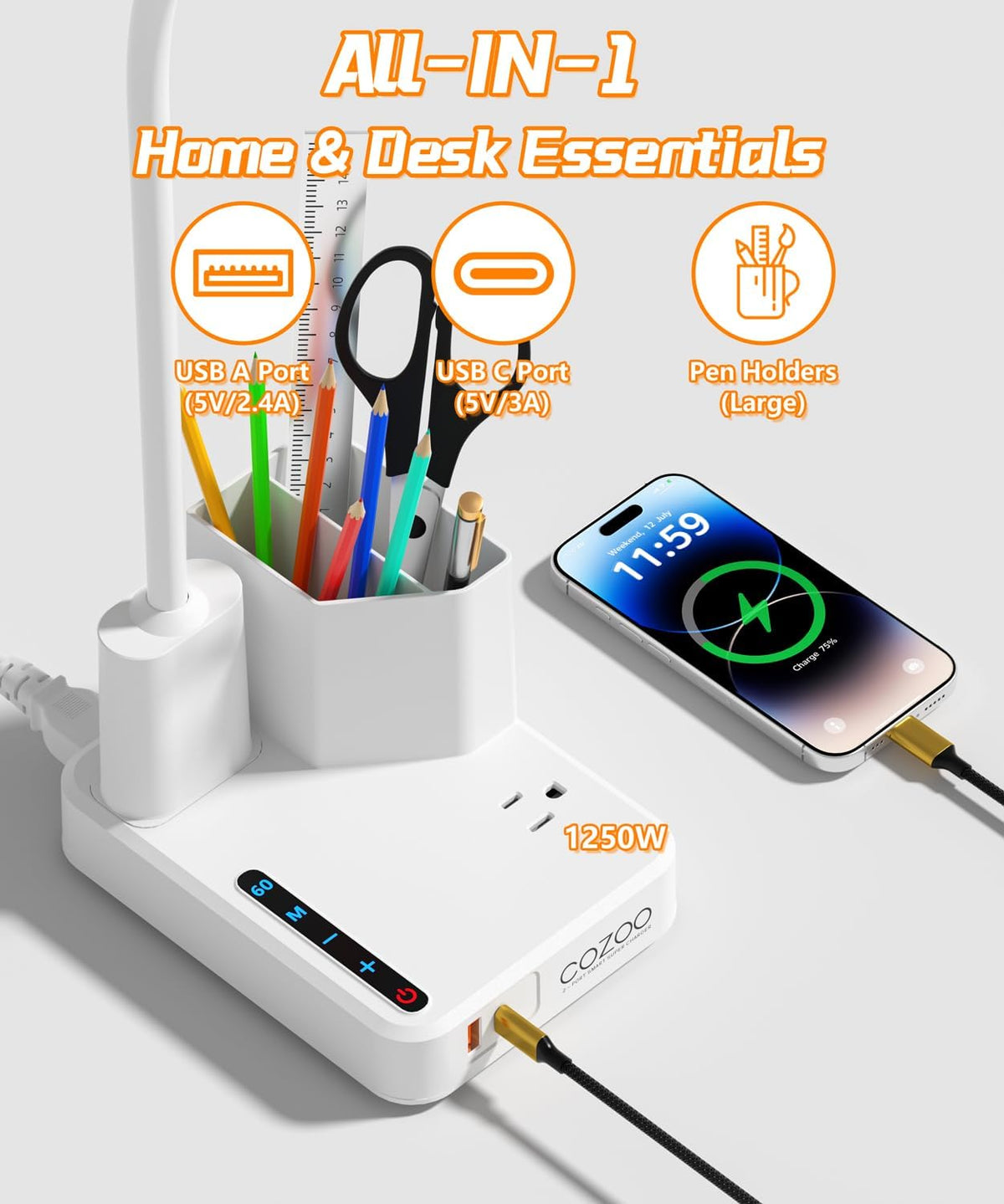 cozoo LED Desk Lamp for Dorm USB A/C Charger Pen Holder 3 Light Modes White