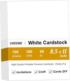 100 Sheets White Cardstock 8.5 x 11, Creebe 65lb White Card Stock Printer Paper by Unknown
