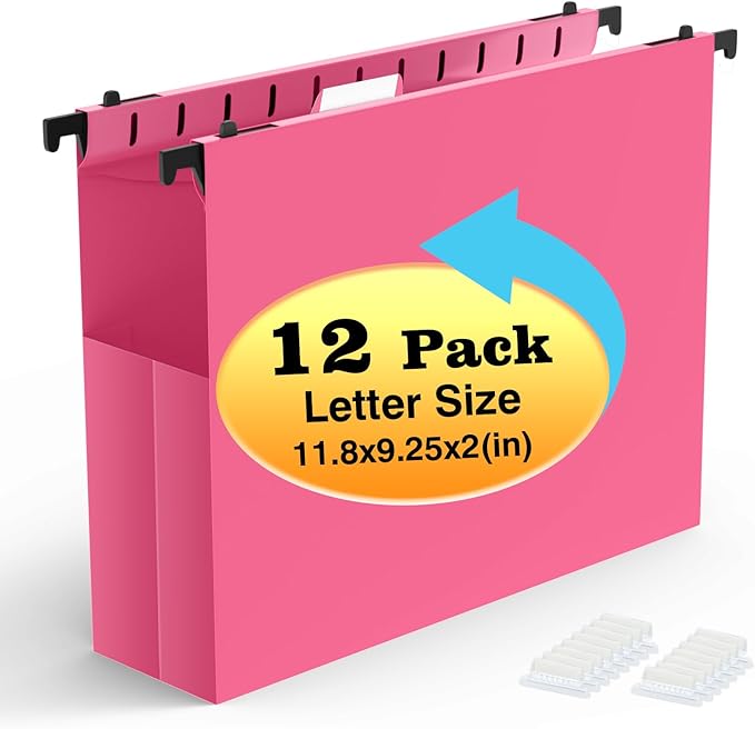 Shutex Extra Capacity Plastic Hanging File Folders, 12 Pack Reinforced by Shutex