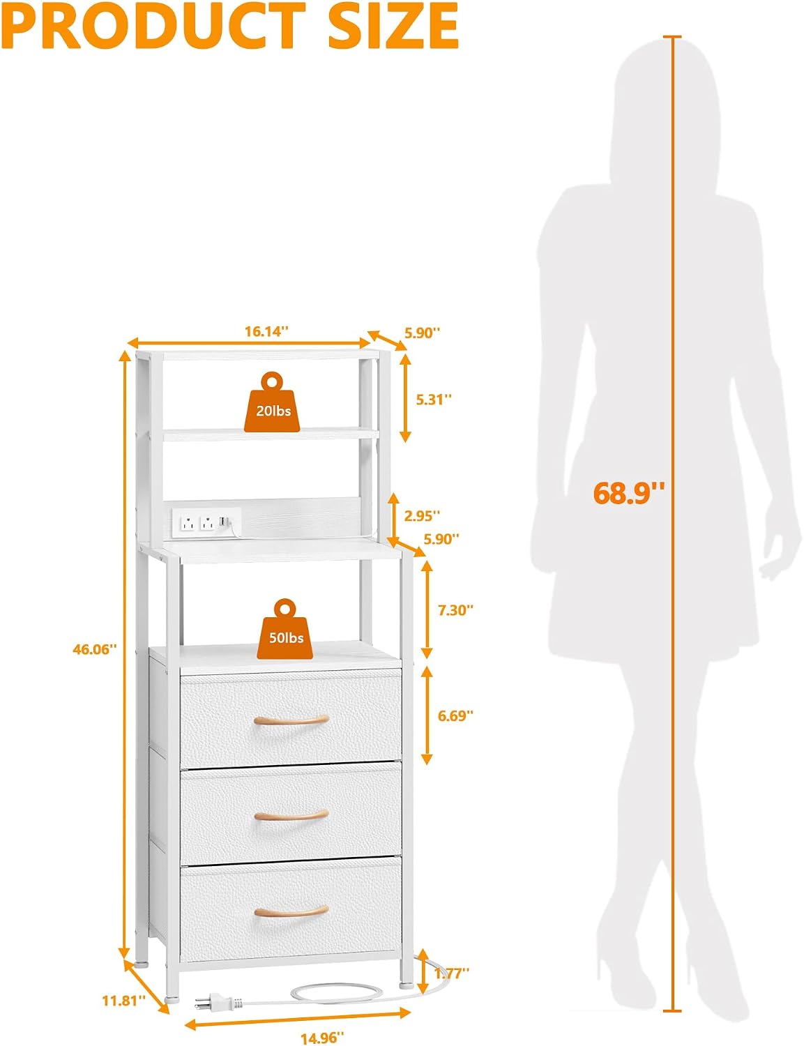 Furnulem Tall Night Stand, White Bedside Nightstand with Charger Station