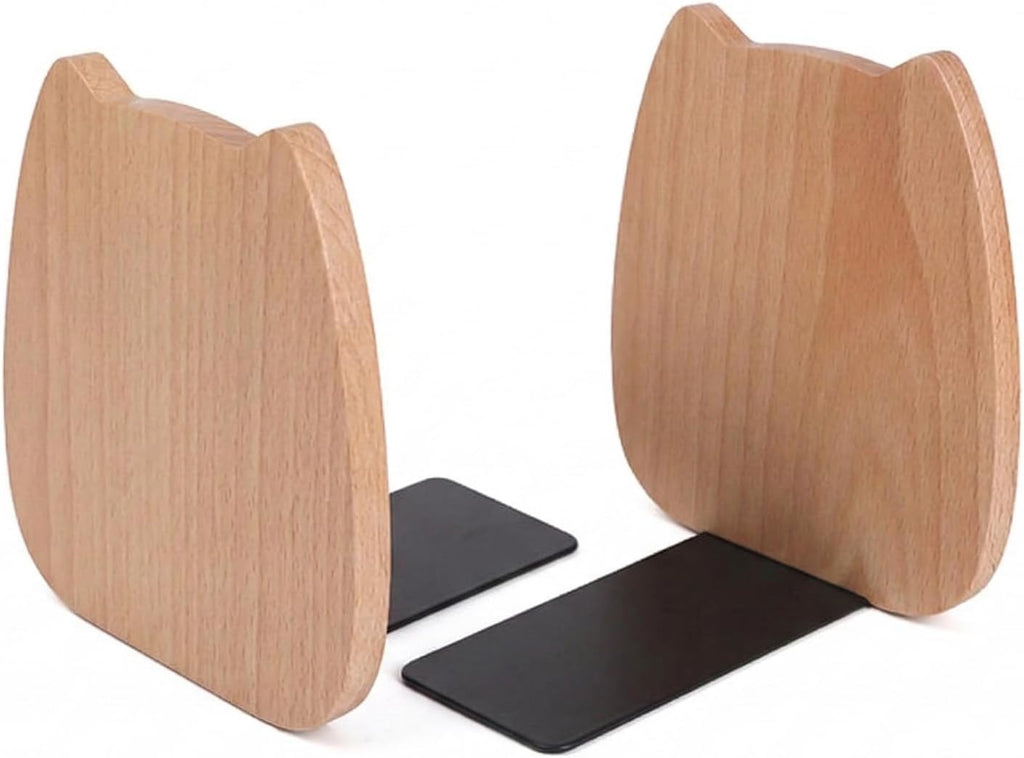 2-Pack Kitten Beech Bookends, 5.5x4.7in | Solid Wood, Natural Grain, Non-Slip Base, Detachable, for Shelves/Desk/Kids Room
