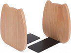 2-Pack Kitten Beech Bookends, 5.5x4.7in | Solid Wood, Natural Grain, Non-Slip Base, Detachable, for Shelves/Desk/Kids Room