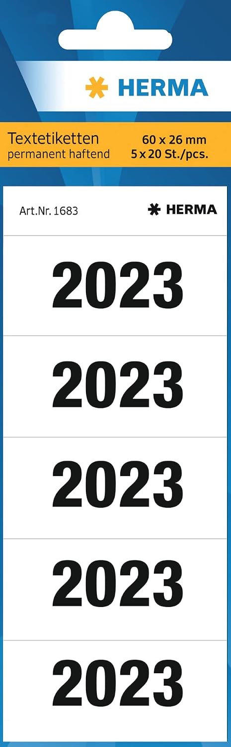HERMA 1683 Year Numbers Stickers for Folders (60 x 26 mm, Matte Paper, Opaque), Self-Adhesive, Permanent Adhesive Text Labels, 100 Labels, White