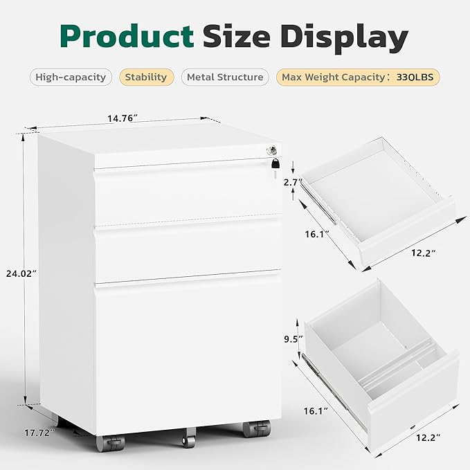Greenvelly 3 Drawer Mobile File Cabinet - Image 3