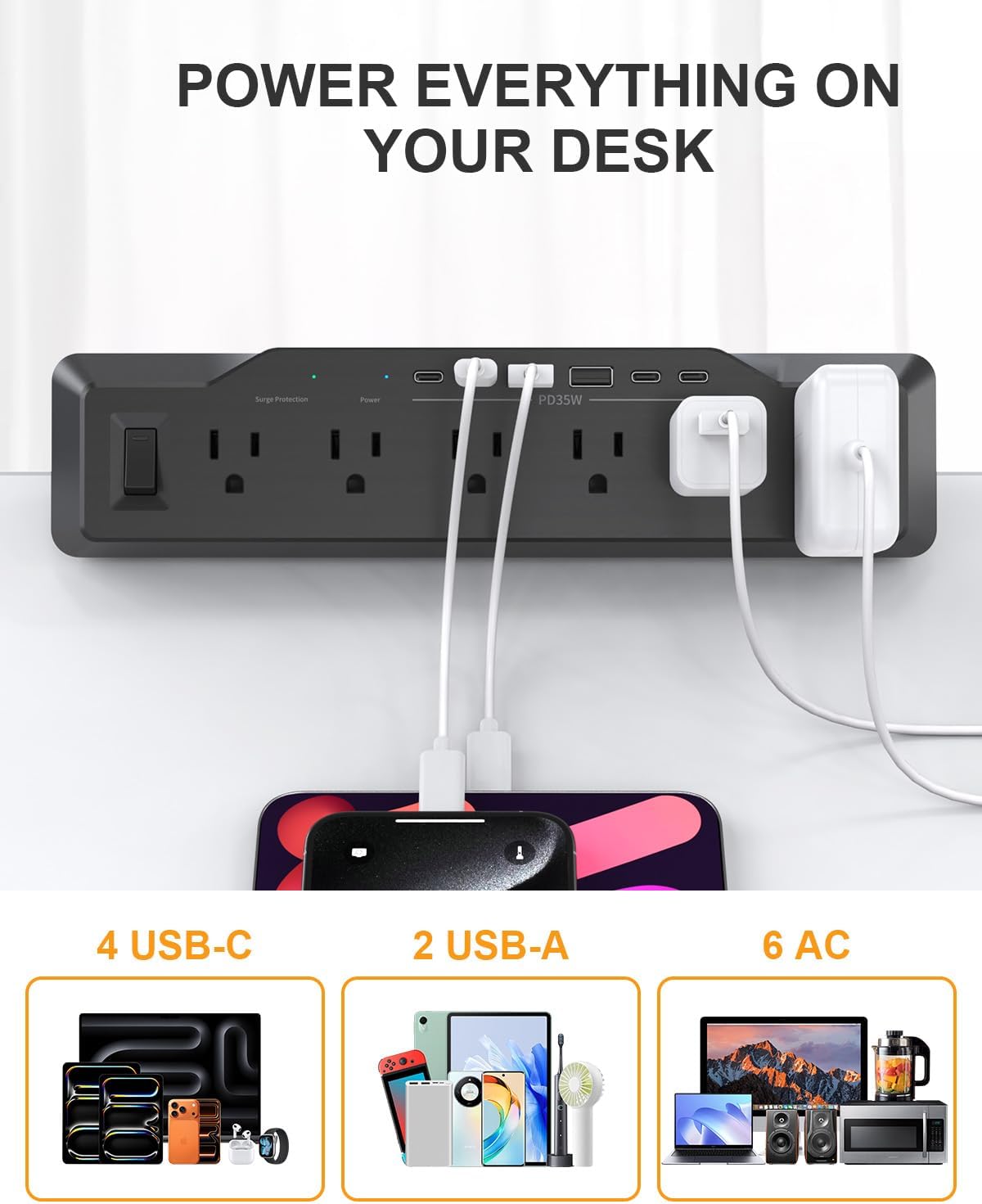 Desk Clamp Power Strip Surge Protector, 6 Outlets, Flat Plug, 1800J, 4 USB-C ...