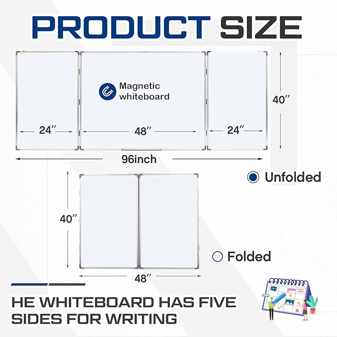 96” x 40 ” Foldable Whiteboard Dry Erase Board Large Tri Folding Whiteboard - Image 2