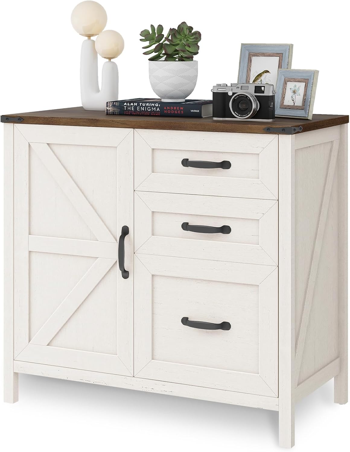 3 Drawers Farmhouse File Cabinet with Door for Home Office, Rustic White | Halitaa Lateral Filing Cabinet for Letter/A4 Size Hanging Files, Large Wood File Storage Cabinet Printer Stand