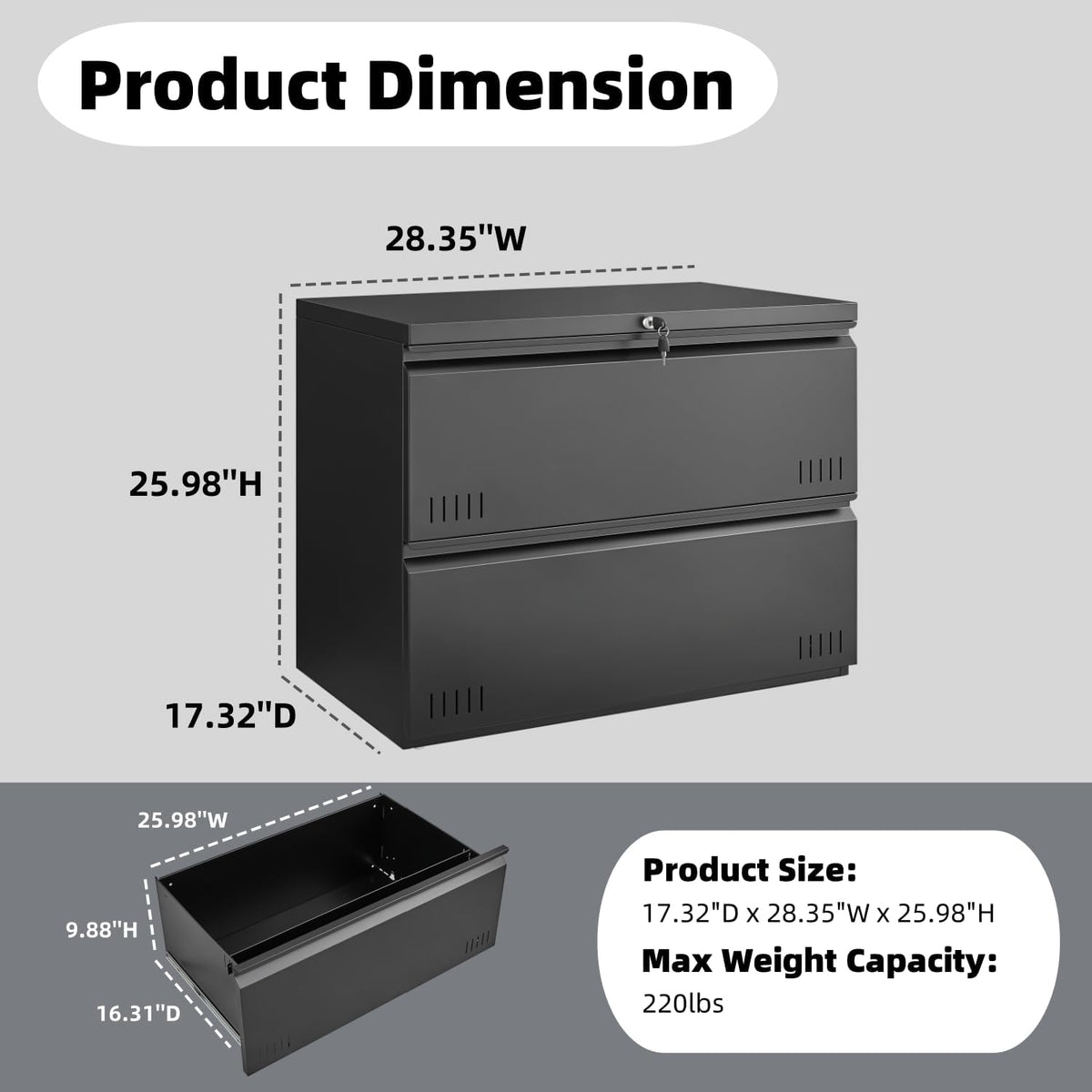 Approgreent 2 Drawer File Cabinet, File Cabinets for Home Office, Printer Stand, File Cabinet with Lock, Lateral Filing Cabinet for A4/Letter/Legal Size File Folders, Assembly Required(Black)
