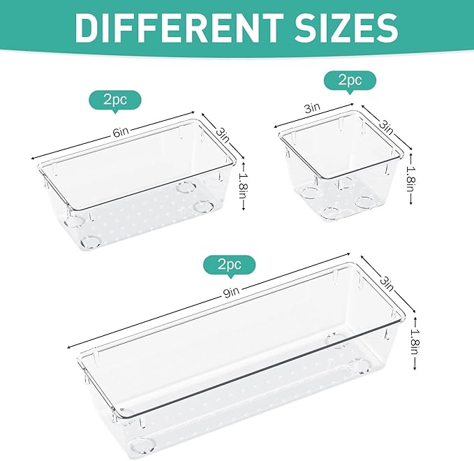 WOWBOX 6 Pack Clear Drawer Organizer Set, Acrylic Drawer Storage Trays - Image 2