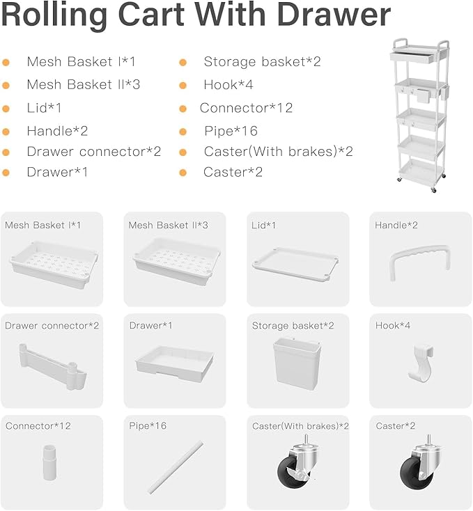 Sorgion 5 Tier Rolling Cart Organizer, Bathroom Cart Organizers - Image 7