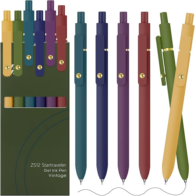 UIXJODO Gel Pens, 6 Pack Gold Retro 0.5mm Black Ink Pens Fine Point Smooth by UIXJODO