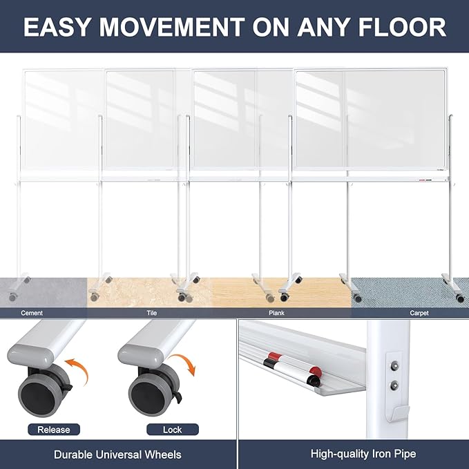 Mobile Clear Glass Whiteboard, 48 x 32 Inches Standing White Board on Wheels - Image 5
