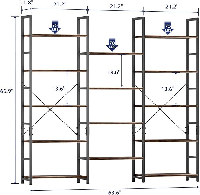 NUMENN Triple Wide 5 Tier Bookshelf, Rustic Industrial Style Bookcases - Image 3