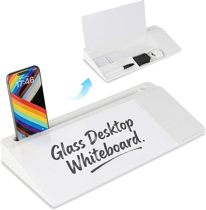 Glass Desktop Whiteboard with Wireless Charger & Storage, Desk Dry Erase Note by Unknown