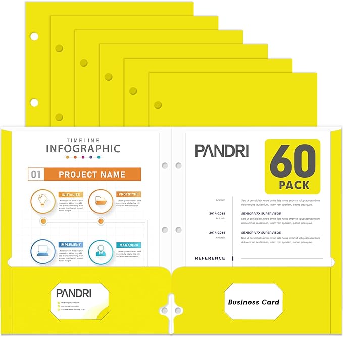 Two Pocket Portfolio Folders, PANDRI 60 Pack 3 Hole Punched 2 Pocket Folders by PANDRI