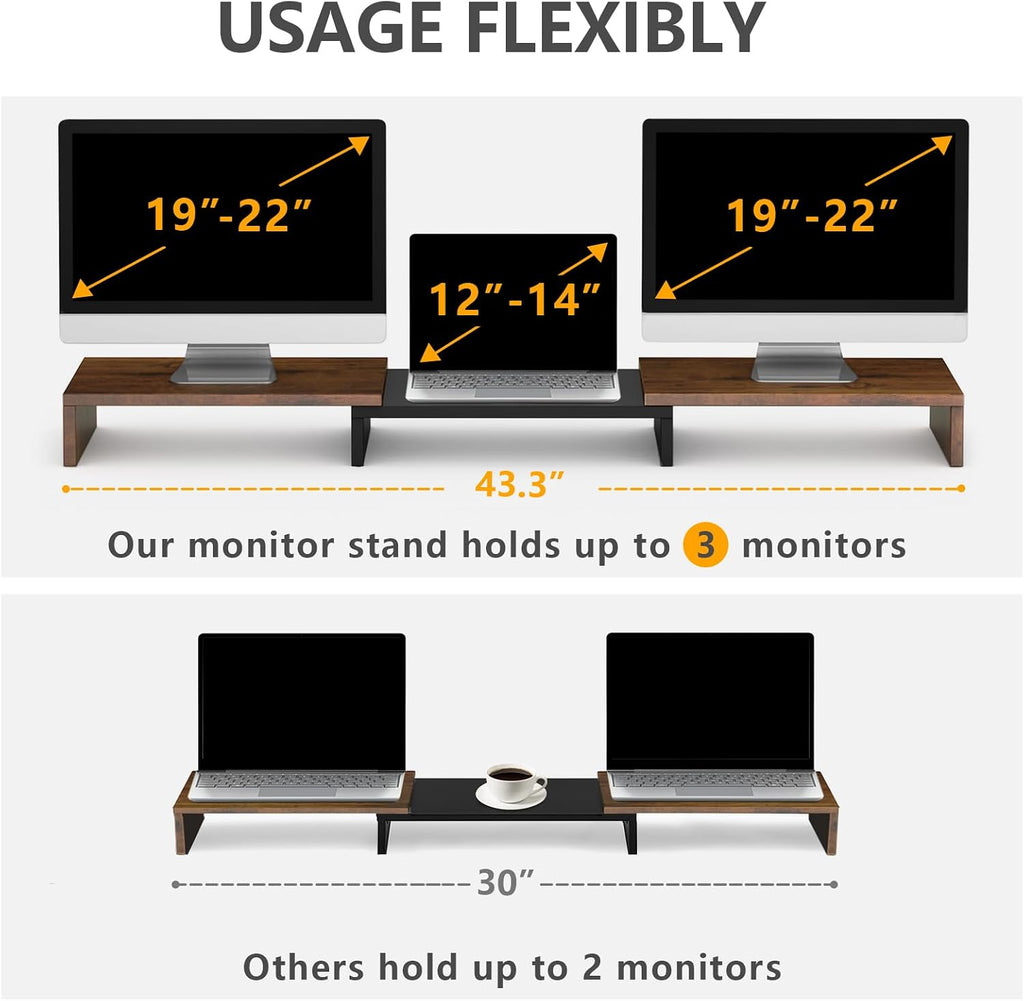 tavr dual monitor stand riser, wooden computer monitor, side view