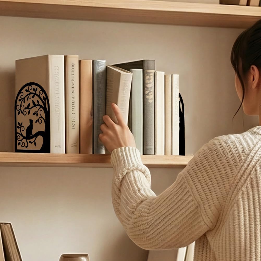 2 Pcs Metal Bookends, Unique Cat Book Ends for Shelves Sturdy Book Organizers and Decorative Books Accessories for Home Office and Library