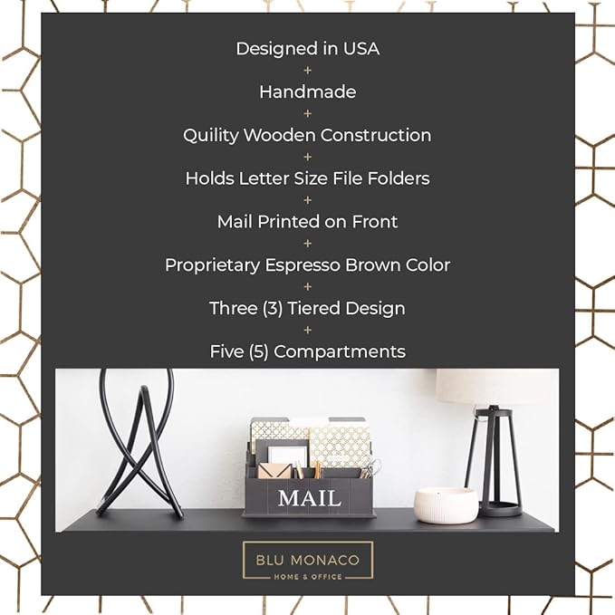 BLU MONACO Espresso Brown Wooden Mail Organizer | 3-Tier Rustic Desktop Mail - Image 3