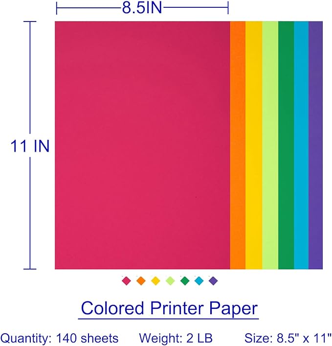 Colored Copy Paper 8.5X11 Inches, 140 Sheets 20 lb/80GSM 7 Colors Rainbow - Image 4