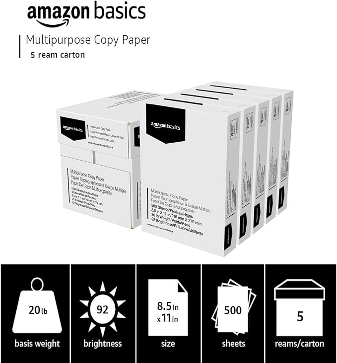 Amazon Basics Multipurpose Copy Printer Paper, 20 lb, 8.5 x 11 Inches, 5 Reams - Image 3