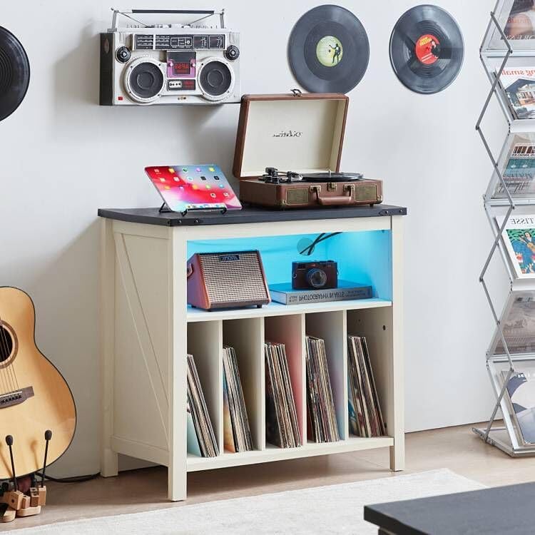 Joaxswe Large Record Player Stand with Charging Station & LED Lights, Vin...