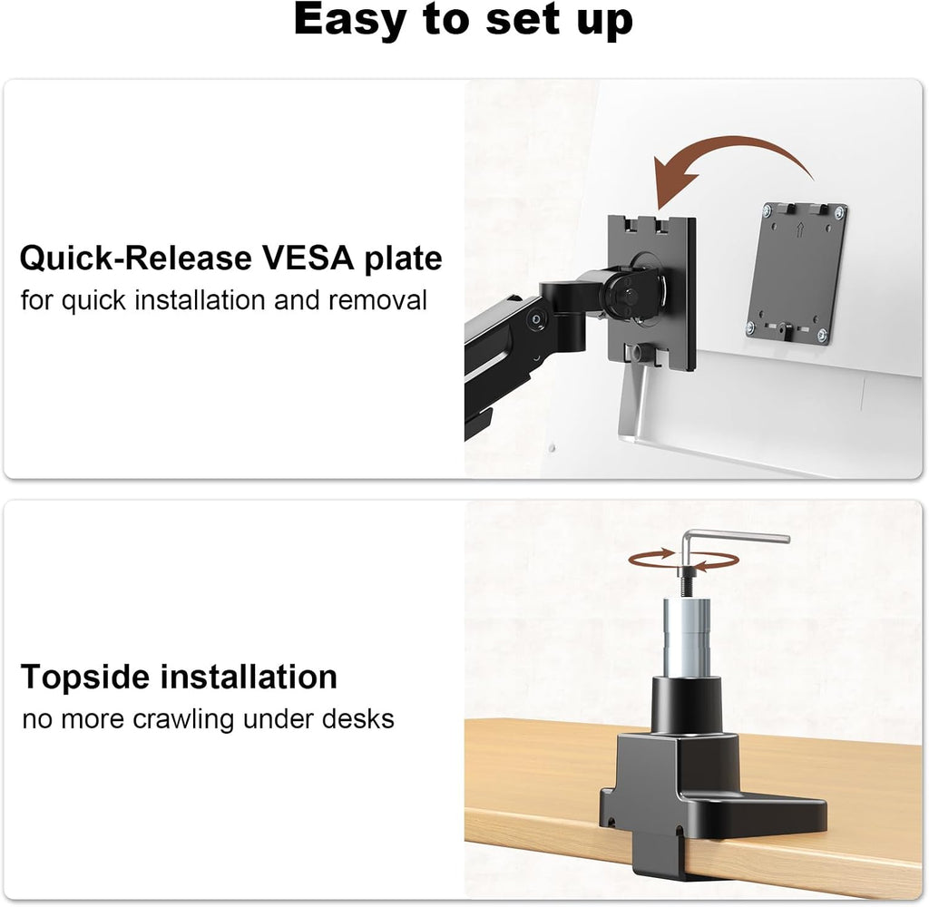 heavy duty dual monitor arm for 17-49" screens on a desk or shelf