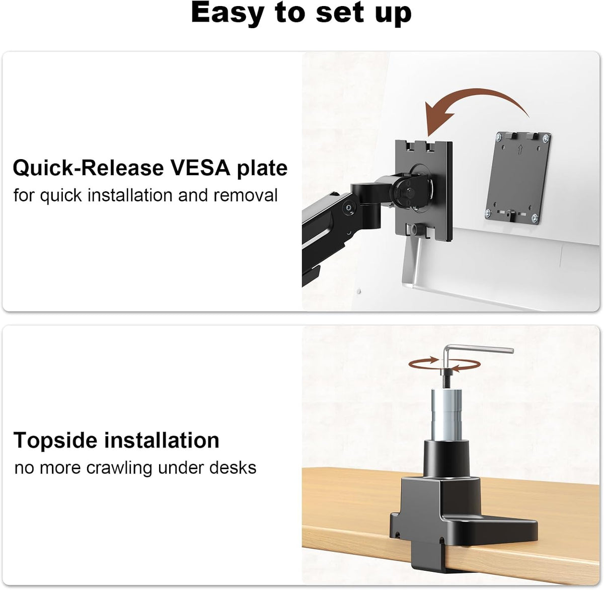 heavy duty dual monitor arm for 17-49" screens on a desk or shelf