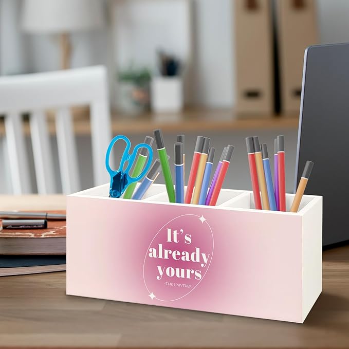 URLLUAE Preppy Pink Aura Inspirational Wooden Pen Pencil Holder - Image 3