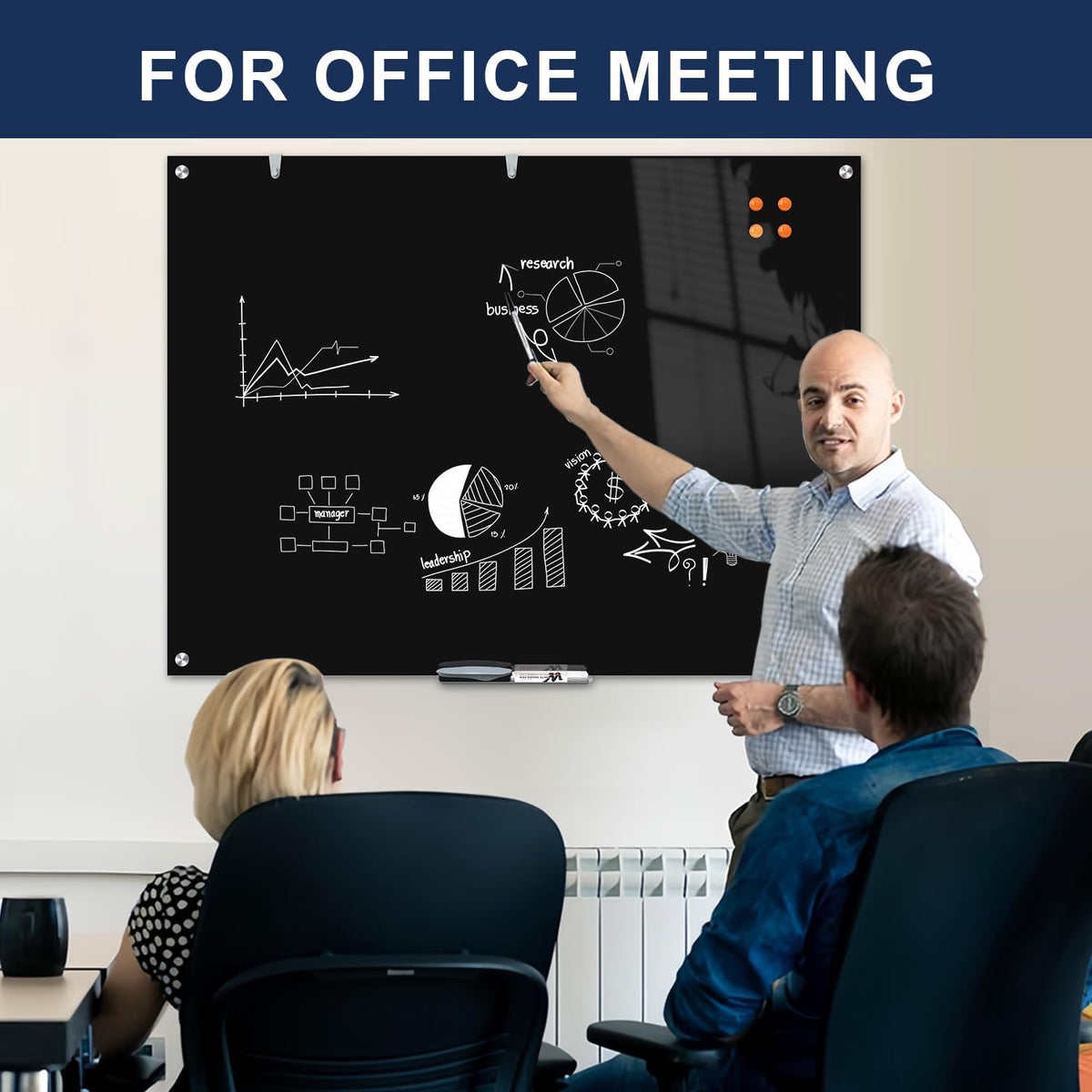 TSJ OFFICE White Board for Wall - 48" x 30" Black Glass Board 4 X 3 FT