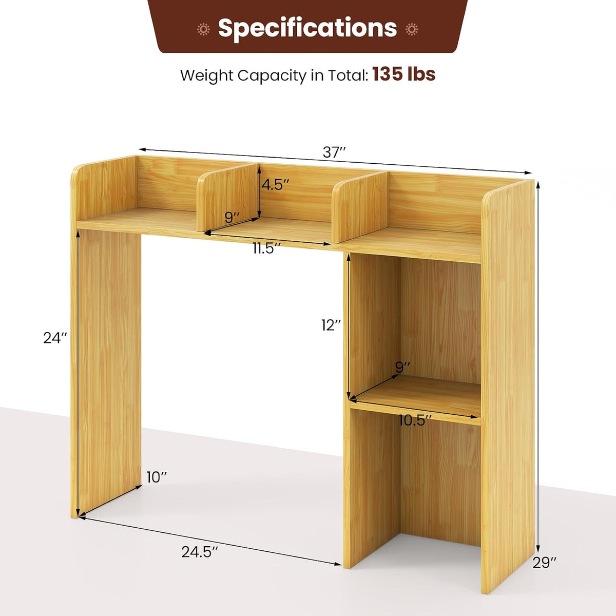 Desktop Bookshelf, 3-Tier Wood Countertop Bookcase with 5 Shelves, Desk Hutch...