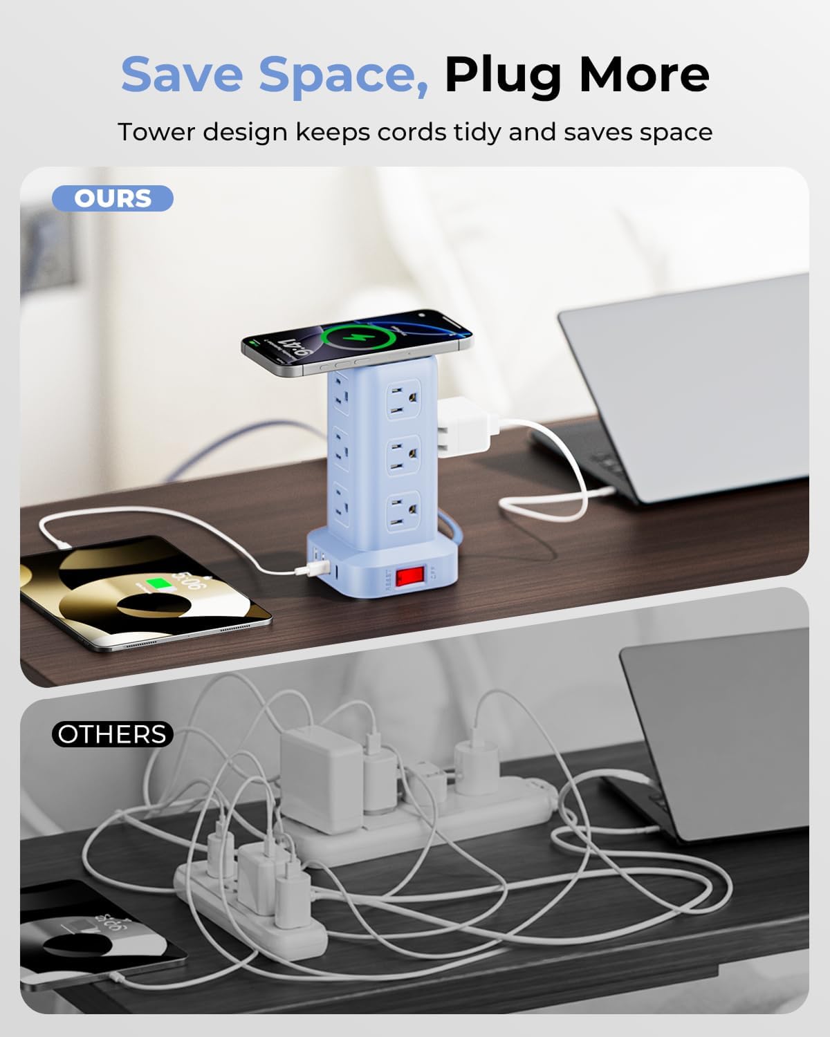 Blue Power Strip with 12 Outlets 4 USB (1 USB C), 6.5Feet Extension Cord with...