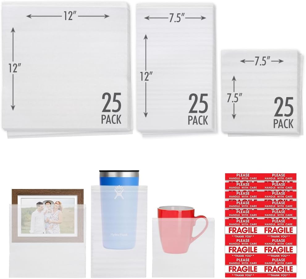 135 Pcs Moving Supplies with 3 Size Cushion Foam Pouch 1/16 Inch Thickness, 60 Pcs Fragile Stickers to Protect Ornament Cup Glasses China Dishes Shipping Storage Transportation (7.5x7.5 7.5x12 12x12)
