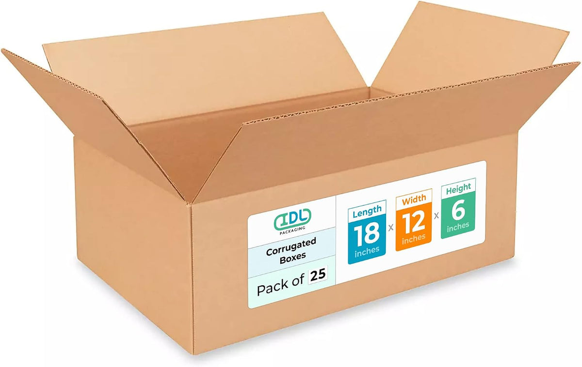 IDL Packaging - B-18126-25 Medium Corrugated Shipping Boxes 18"L x 12"W x 6"H -