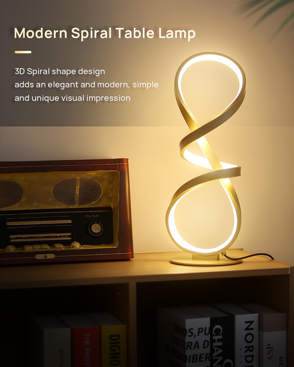 Gold Cool Table Lamps Set of 2, Modern LED Spiral Desk Light