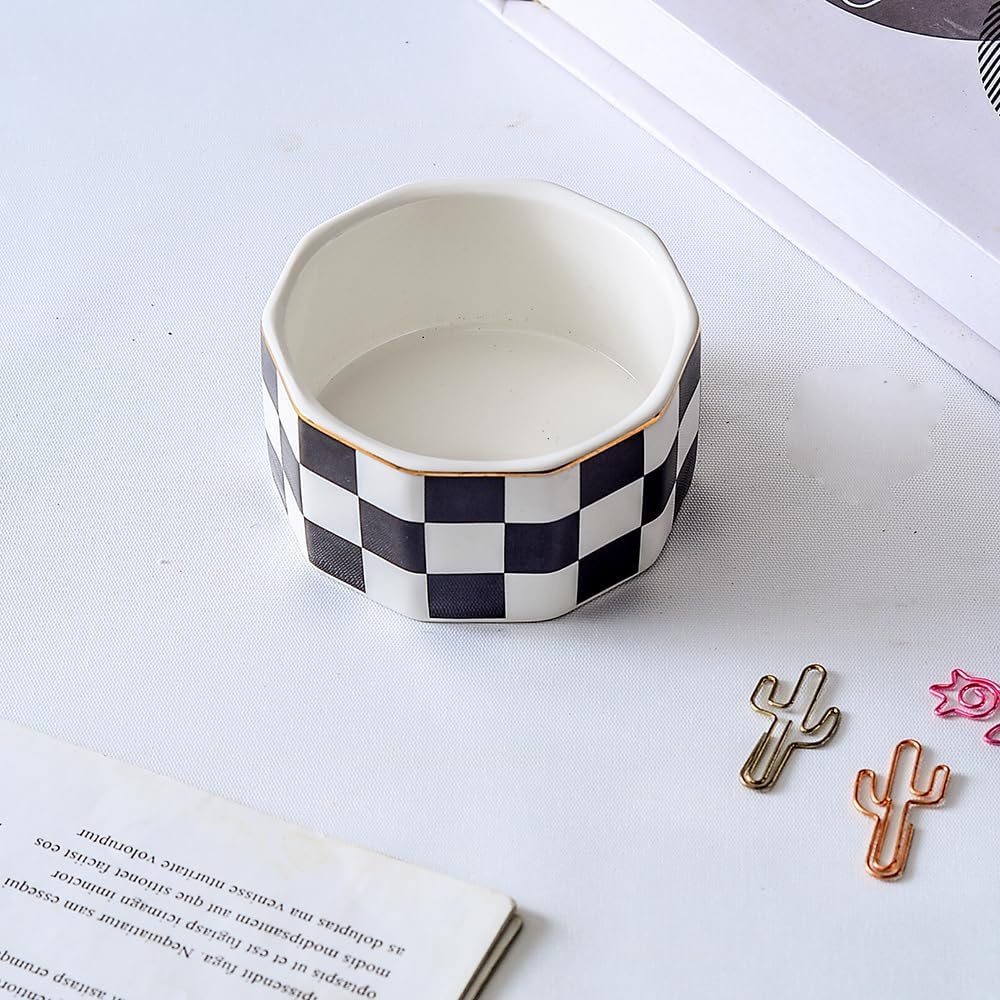Paper Clip Holder Ceramic Checkered Paper Clip Dispenser for Desk Paper Clip Organizer Office Cute Desktop Decor Binder Clip Holder (Black-01)