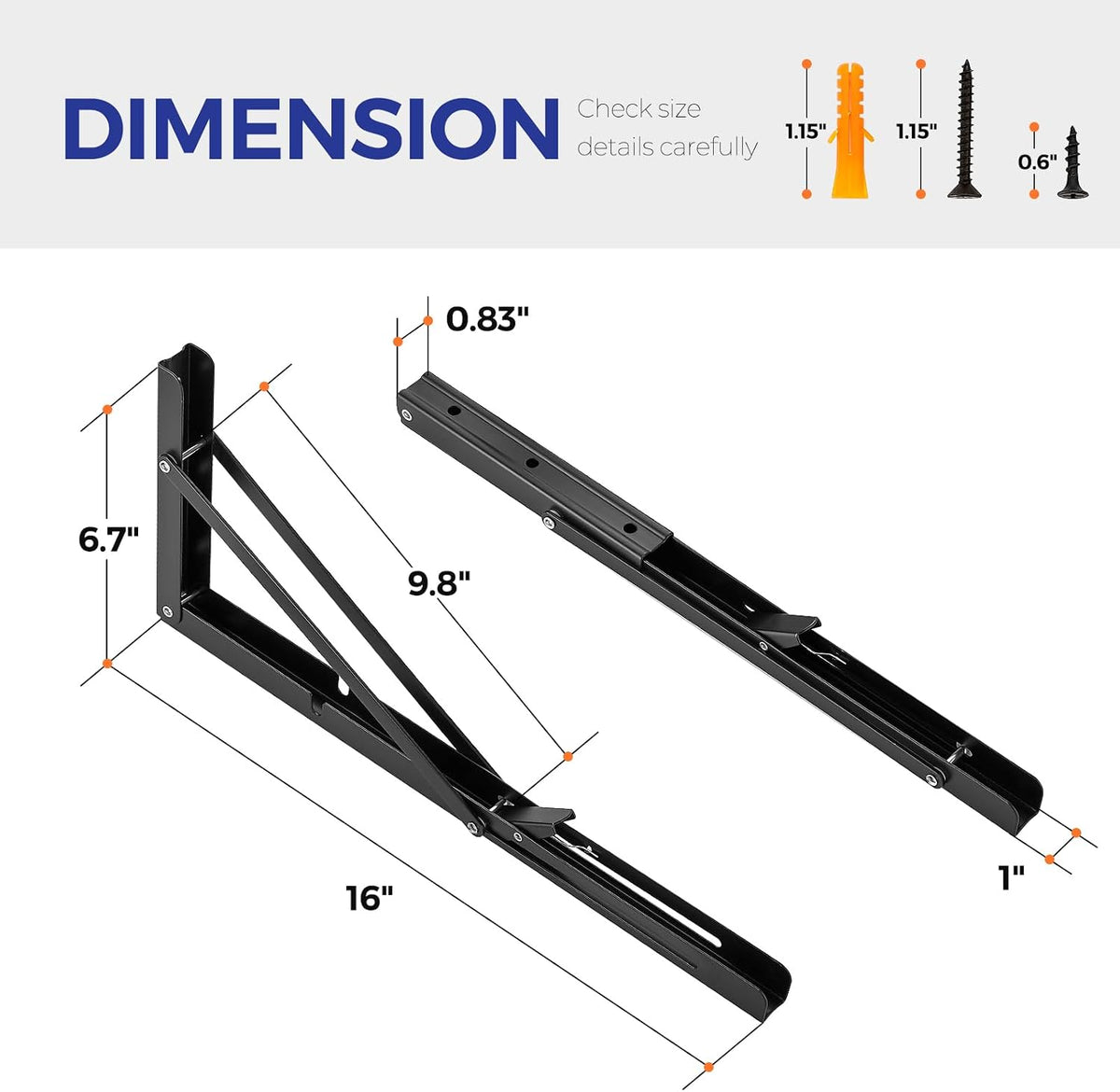 Ravinte Hardware Black Folding Shelf Brackets, 16 Inch, 4 Pcs