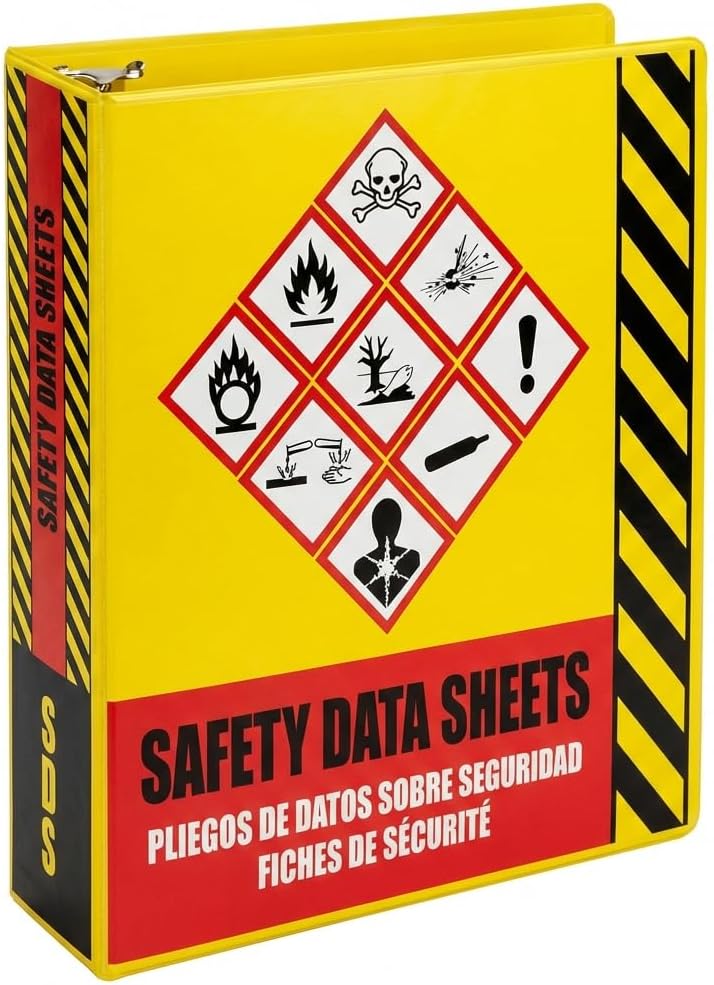 Ring Binder Depot SDS Binder, Heavy Duty 3 Ring Binder with 1.5 in Capacity Holds 250 Pages, Trilingual with EnglishSpanishFrench, Durable and Highly Visible Safety Data Sheets, Yellow