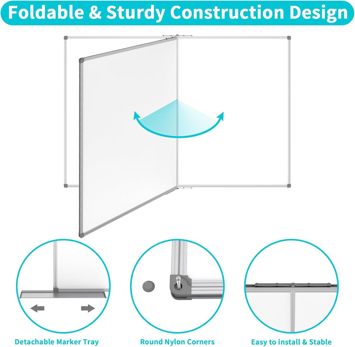 JILoffice Large Foldable White Board 60x40 Inches, Dry Erase Magnetic White B...