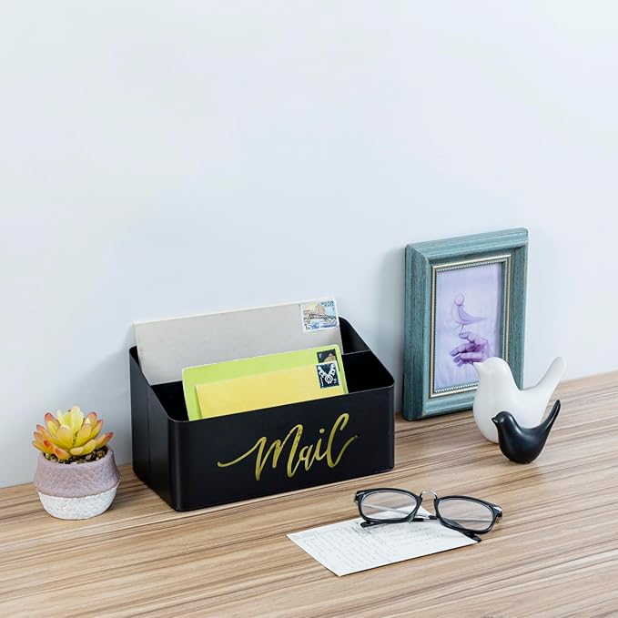 MyGift 2 Slot Modern Matte Black Metal Desktop Mail Sorter - Image 4