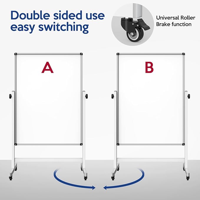Rolling Whiteboard, Double Sided Magnetic Dry Erase Board Height Adjustable - Image 3