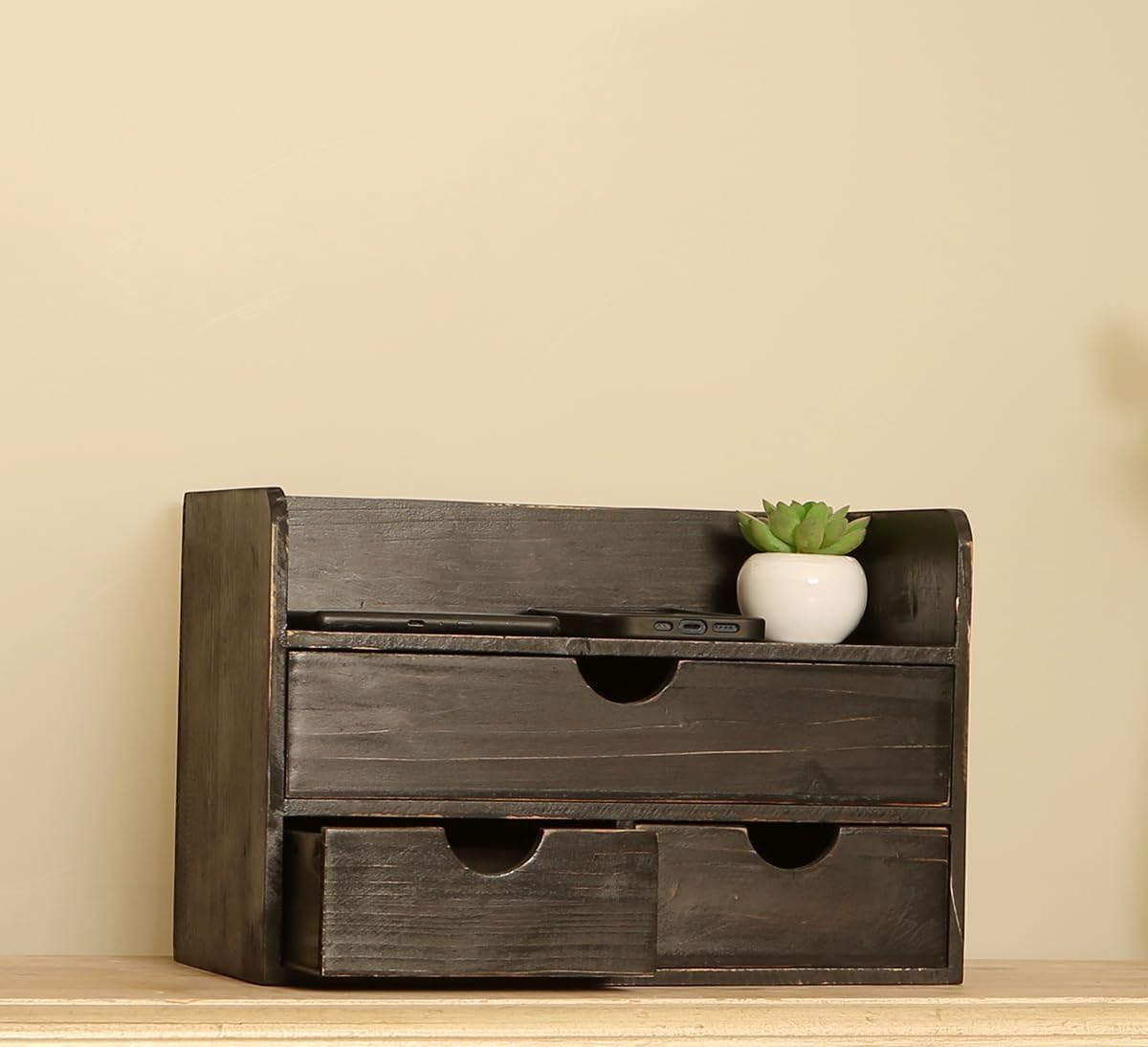 Black Wood 3 Drawer Desk Organizer Shelf, Mail Rack Vanity Storage