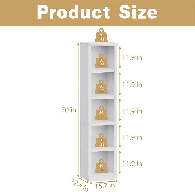 blini 5-Shelf Narrow Bookcase White Wooden Tall Bookshelves Floor Standing - Image 2