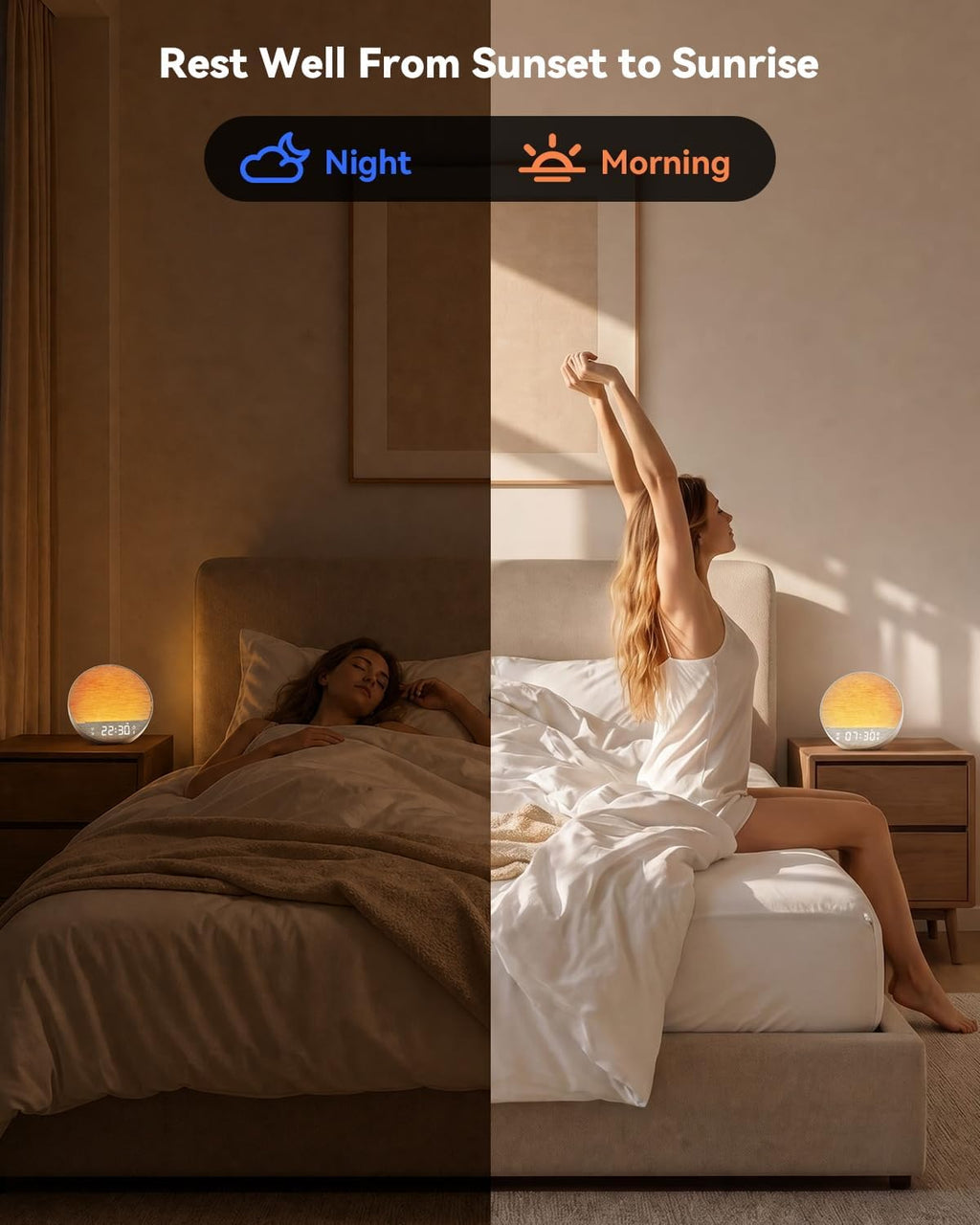 sunrise alarm clock with sound machine, bluetooth speaker on a desk or shelf